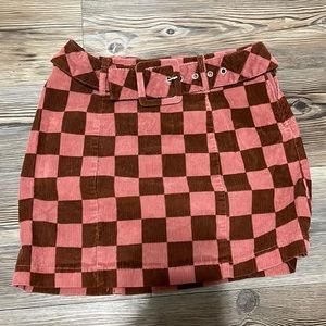 pink checkered skirt with belt